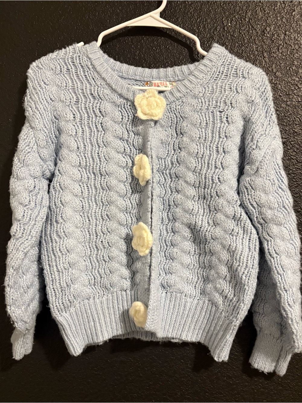 Cozy Light Blue Cable-Knit girls Cardigan with Flower Buttons